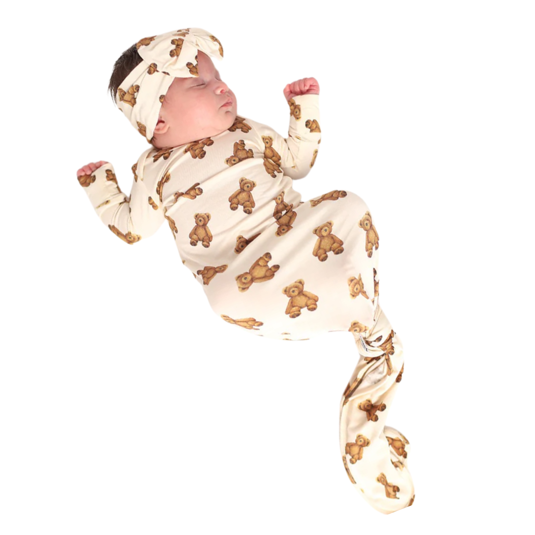 Southern Slumber Teddy Bear Bamboo Knotted Newborn Gown