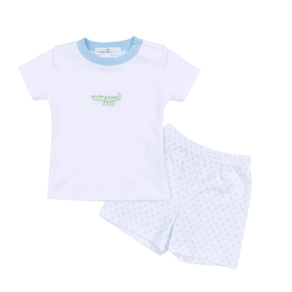 Alligator Pie Blue Pima Embroidered Toddler Short Set