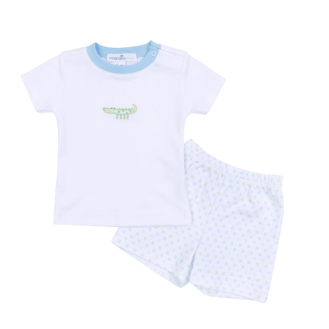 Alligator Pie Blue Pima Embroidered Toddler Short Set