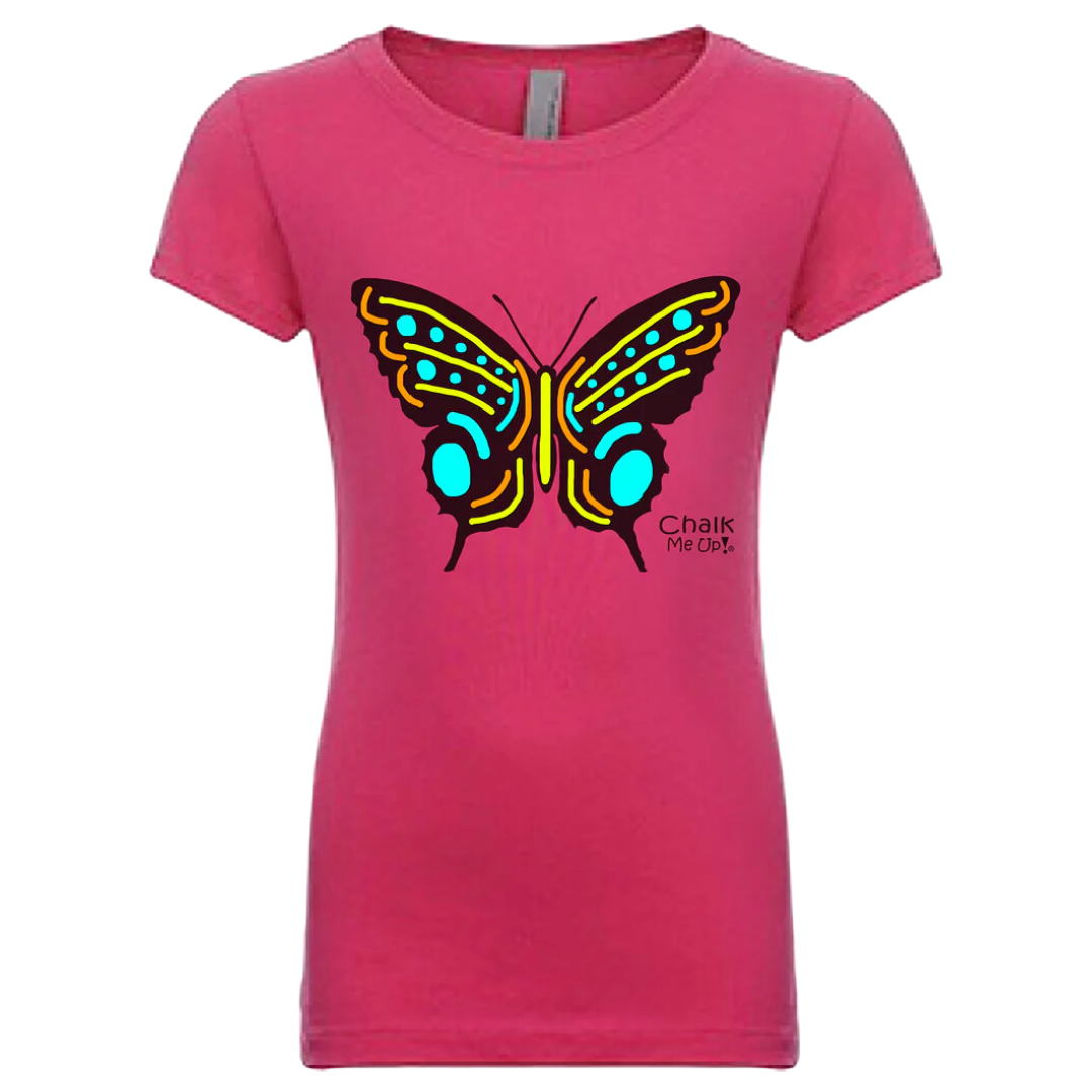 Youth Raspberry Butterfly Color Your Own Chalkboard T Shirt | with 6 Pack Chalk