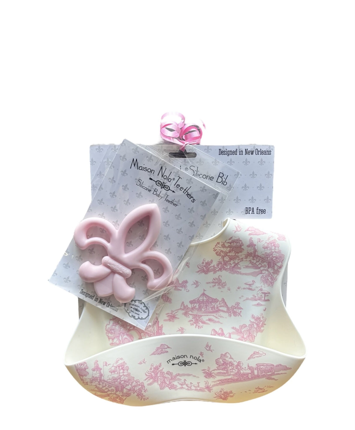 Pretty in Pink Storyland Toile Baby Gift Bundle | Silicone Bucket Bib and Teether