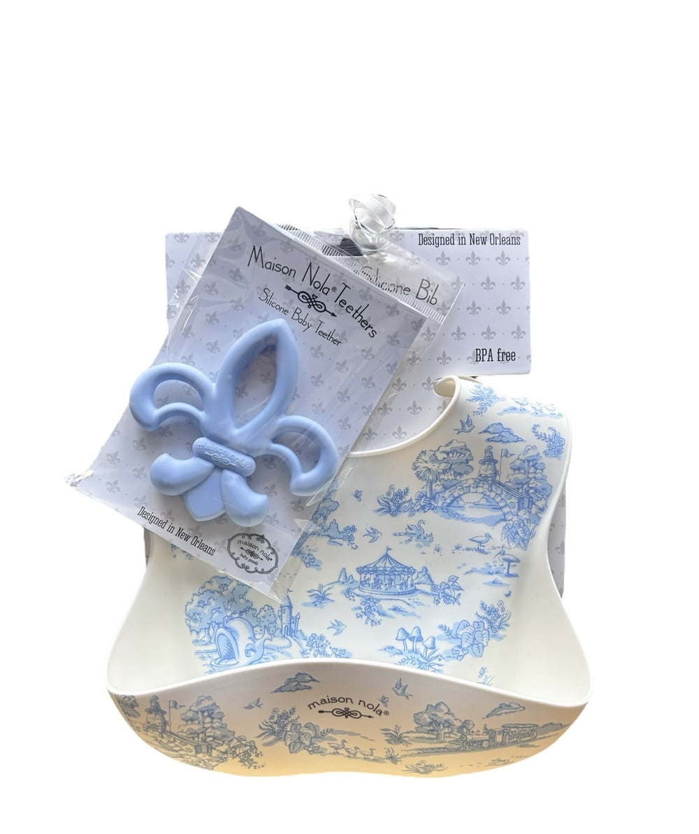 Blue Sky Storyland Toile Baby Gift Bundle | Silicone Bucket Bib and Teether