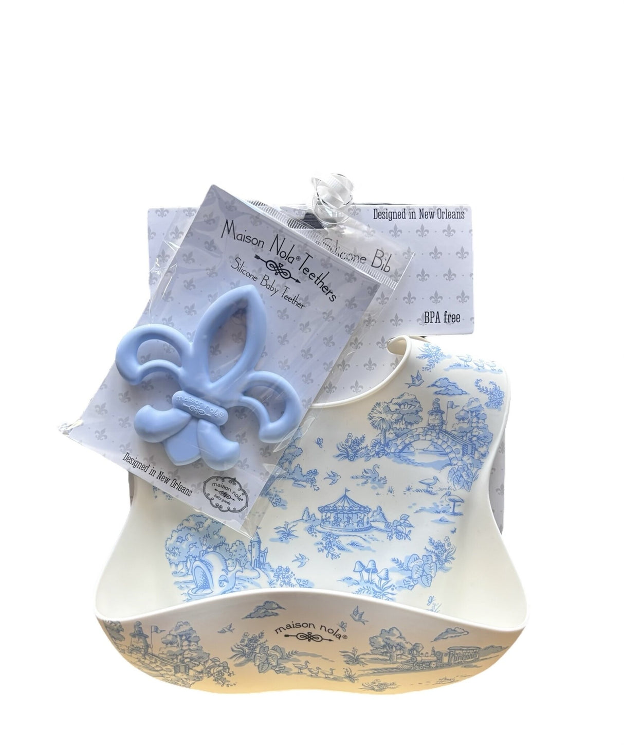 Blue Sky Storyland Toile Baby Gift Bundle | Silicone Bucket Bib and Teether