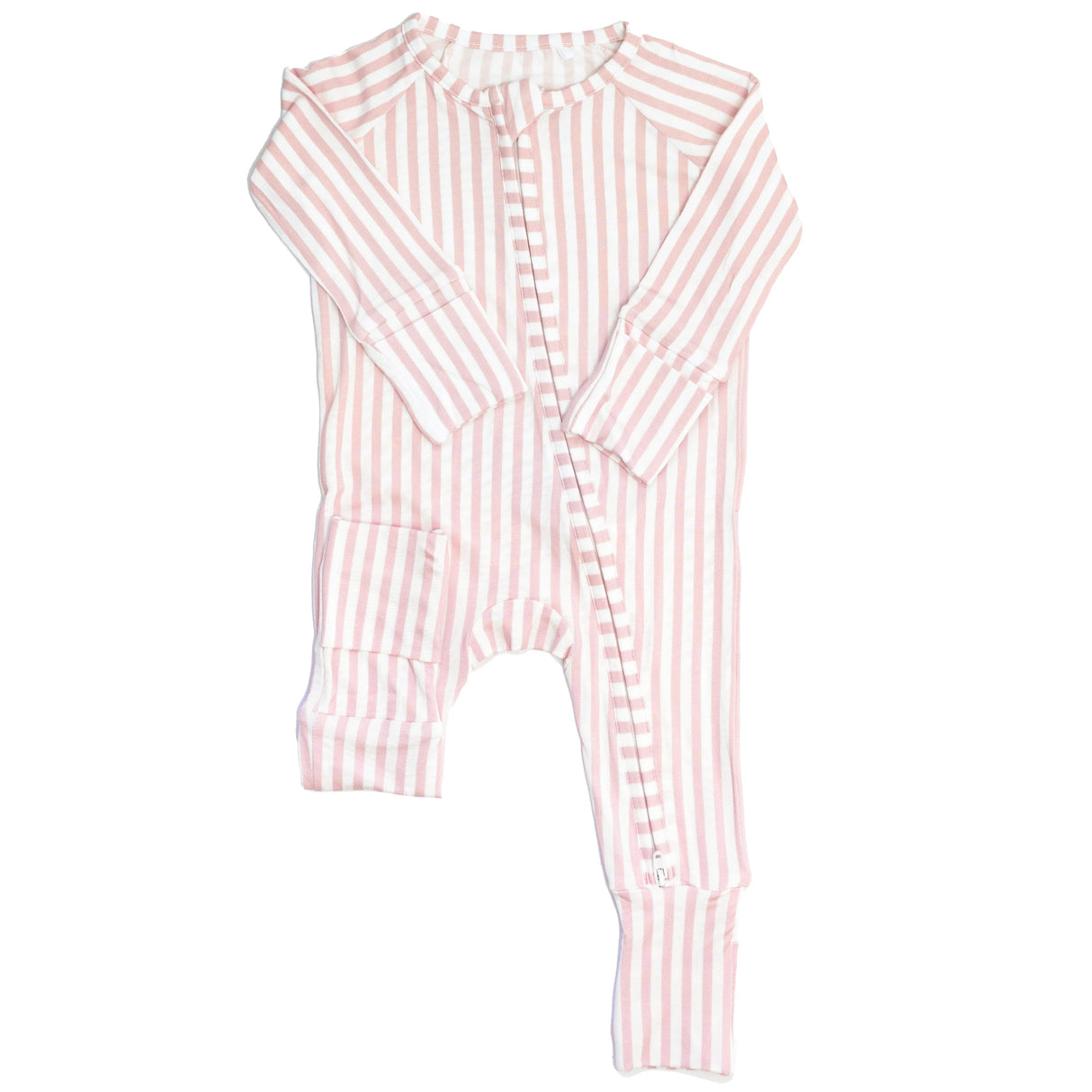 Uptown Baby Pink Cabana Stripe Long Sleeve Bamboo Zipper Romper