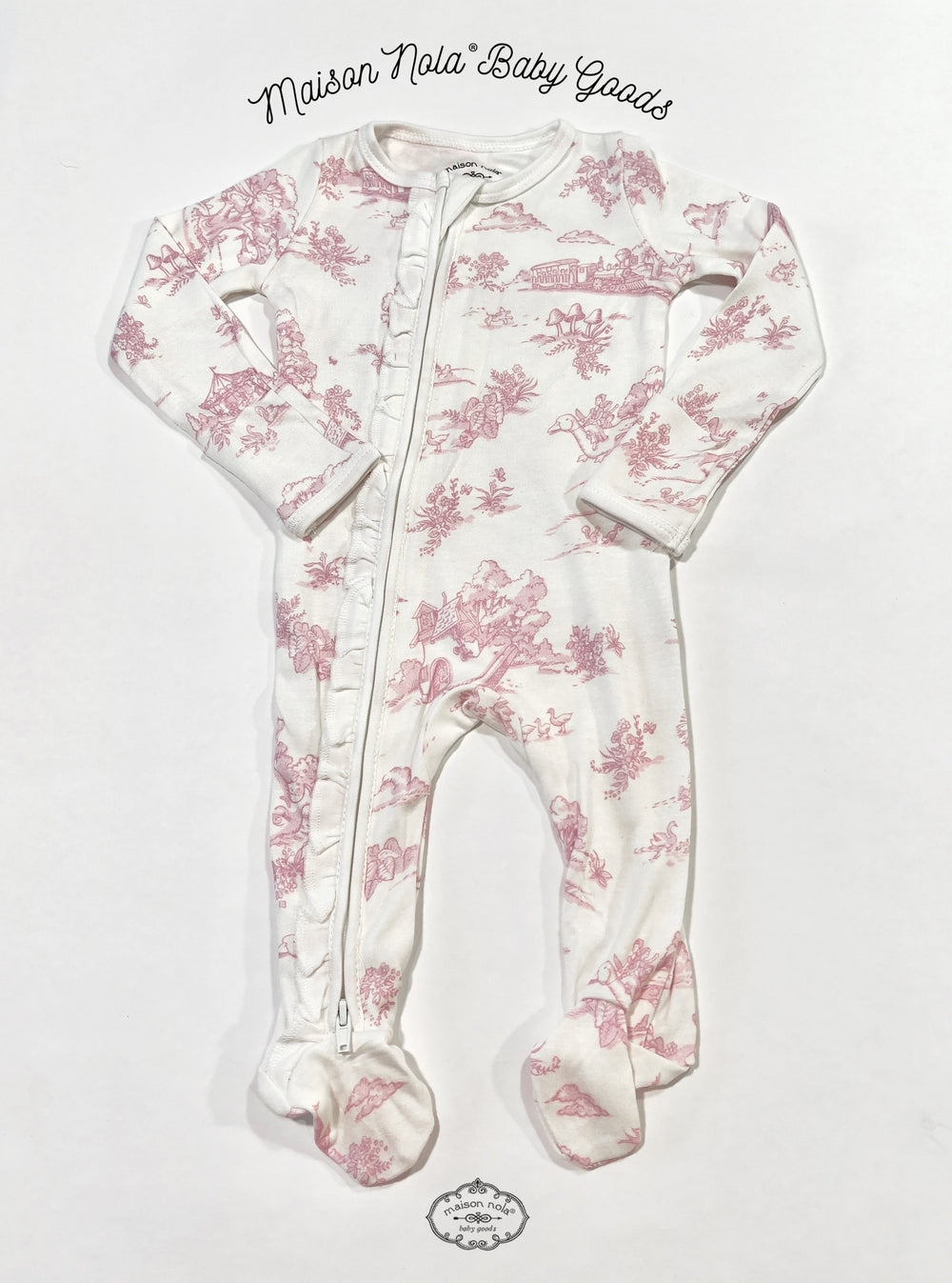 Storyland Toile Bamboo Zipper Convertible Ruffled Footie PJs | Pink