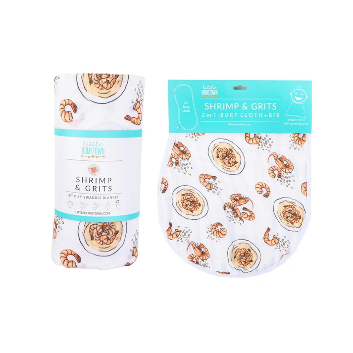 Shrimp and Grits Gift Bundle: Bamboo Muslin Swaddle Blanket and Bib