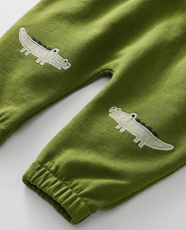 Hanna Andersson Pine Green Alligator Long Sleeve T-Shirt and French Terry Pants Set | Seagrass