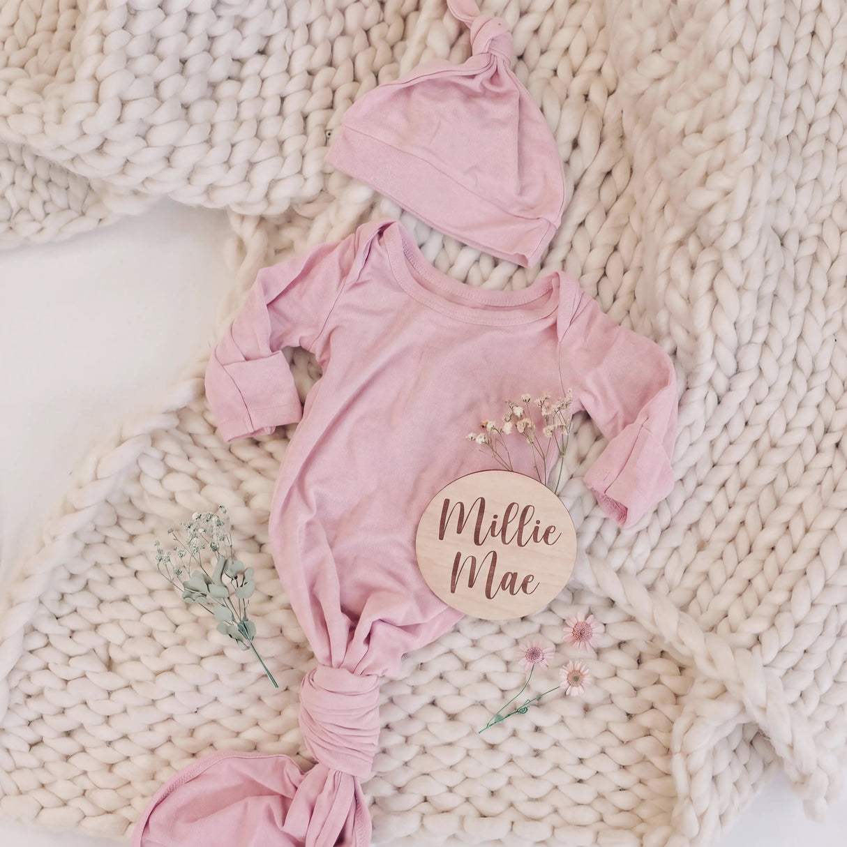 Sugar + Maple Light Pink Bamboo Knotted Gown and Matching Hat Set | 0-3mo