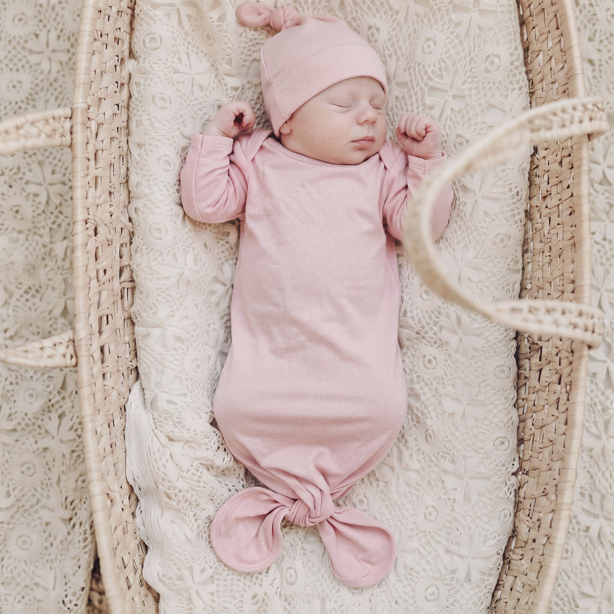 Sugar + Maple Light Pink Bamboo Knotted Gown and Matching Hat Set | 0-3mo