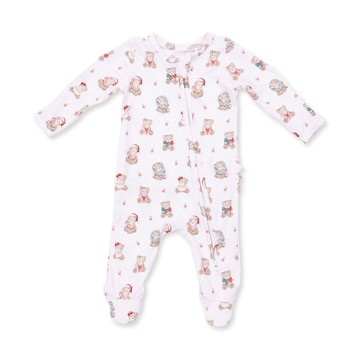 Angel Dear Christmas Teddy Bears Pink 2-Way Ruffle Back Zipper Footie