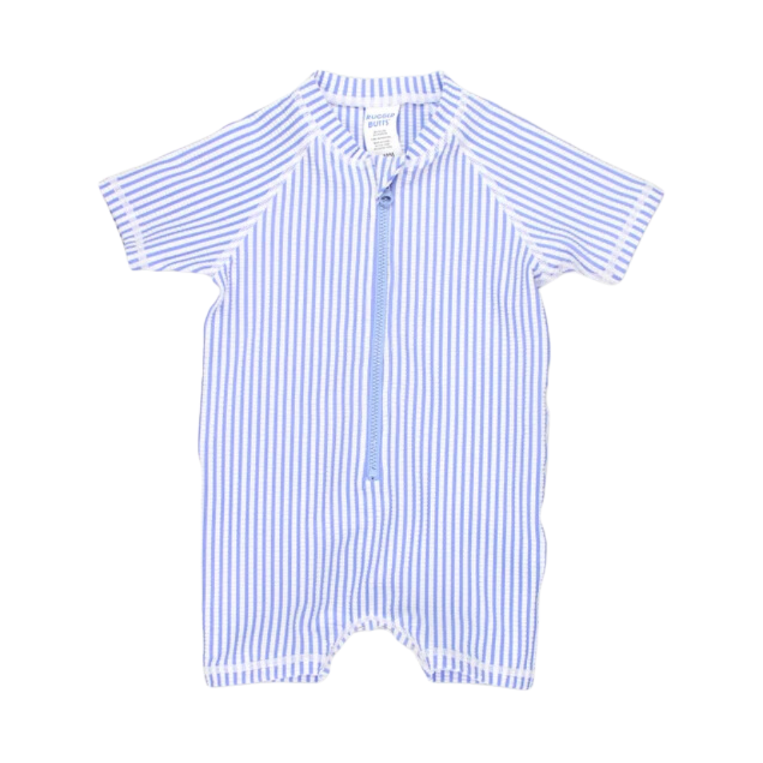 Periwinkle Blue Seersucker Short Sleeve One Piece Rash Guard Swimsuit