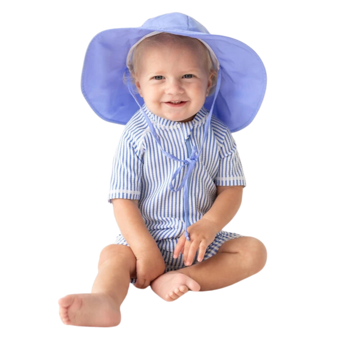 Periwinkle Blue Seersucker Short Sleeve One Piece Rash Guard Swimsuit