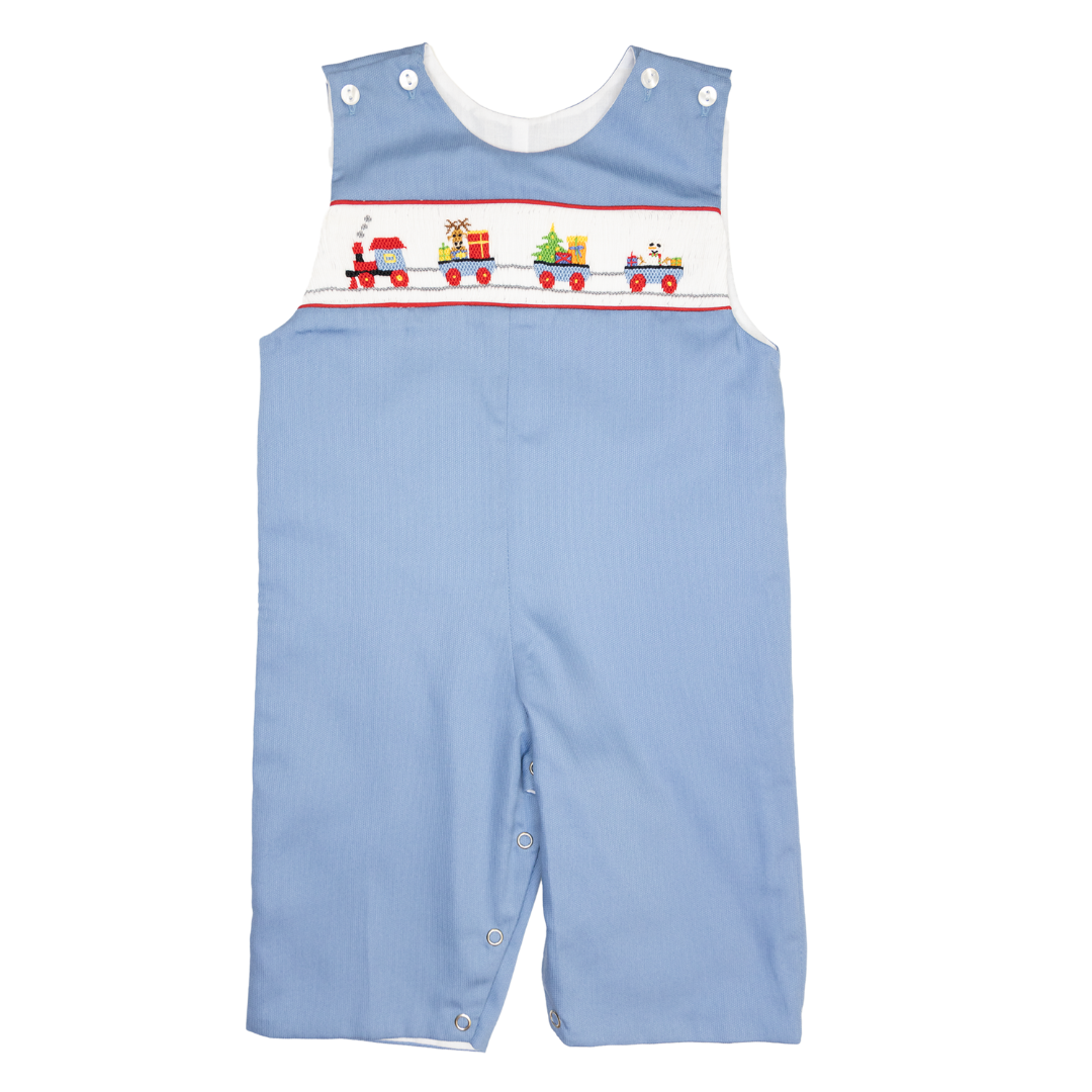 Lulu Bebe Christmas Reindeer Train Blue Smock Longall