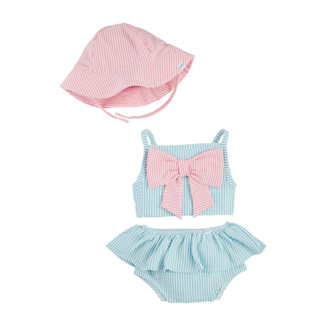 Seersucker Bow 2 Piece Swimsuit & Hat Set