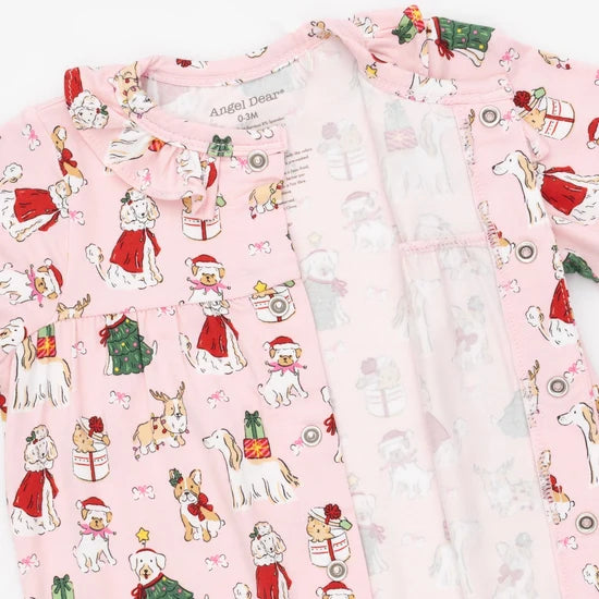 Angel Dear Christmas Dogs Pink L/S Ruffle Collar Romper