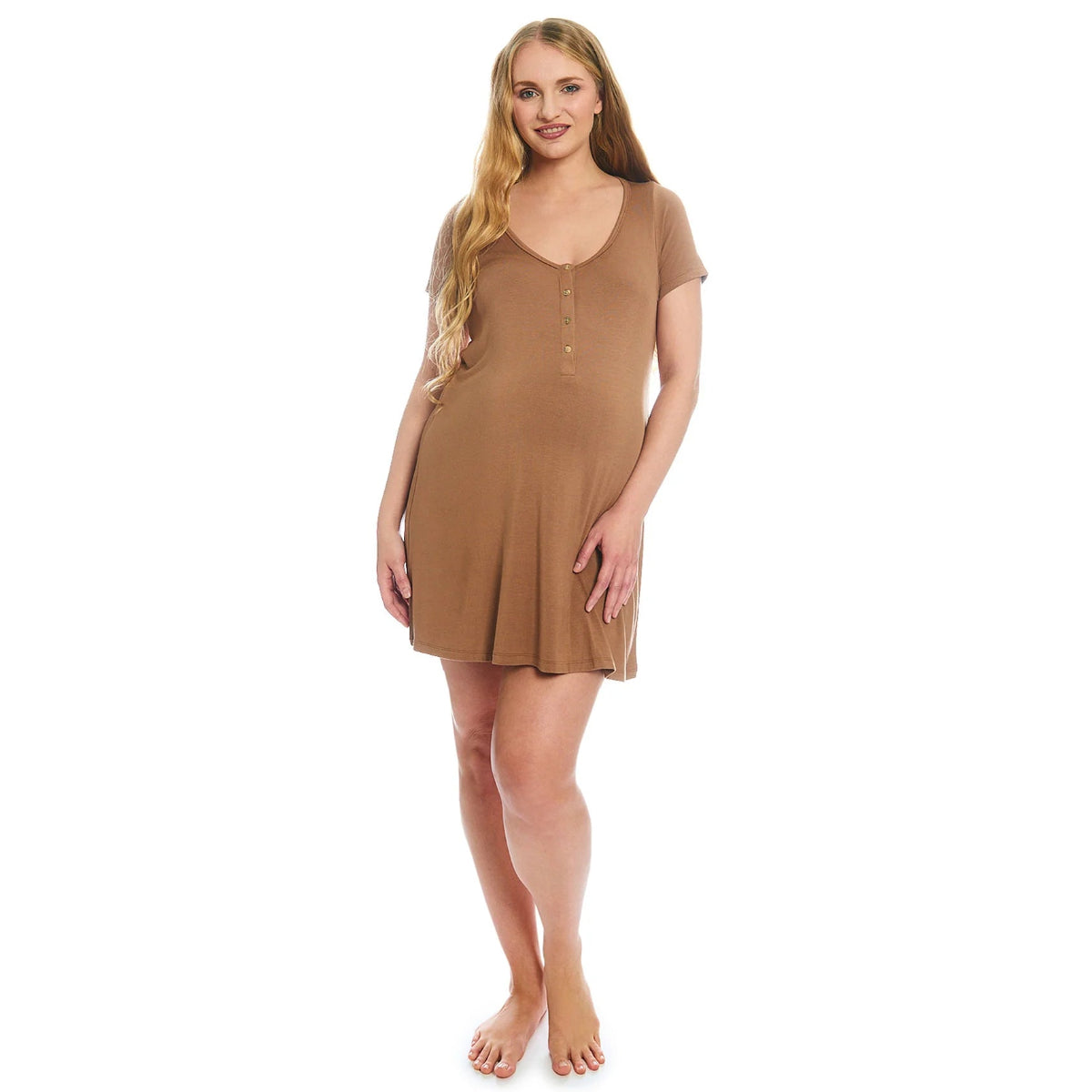 Everly Grey Carolyn Gown 4-Piece PJ Set with Newborn Gown and Hat | Mocha Stripe