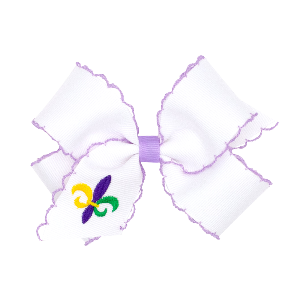 Mardi Gras Fleur de Lis Embroidered Tail Medium Moonstitch Bow | White