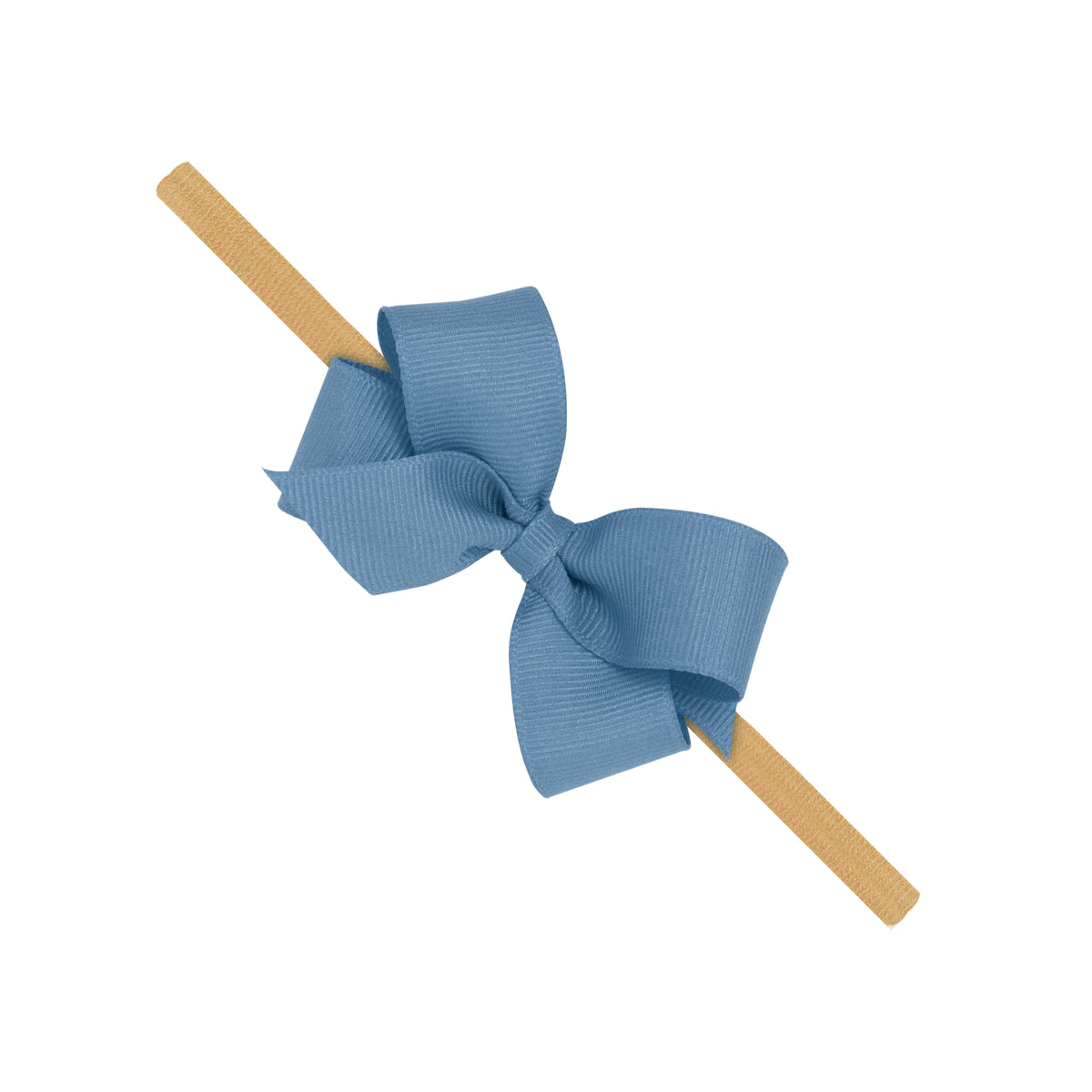 Millenial Blue Mini Grosgrain Hair Bow on Nude Soft Headband