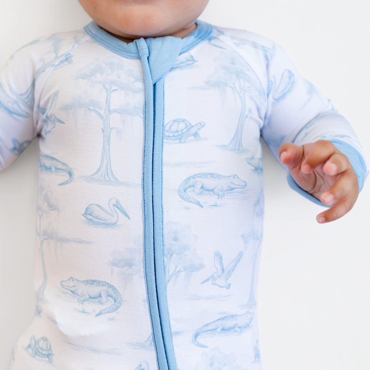 Pearls and Pelicans Bayou Toile Bamboo Zip Up Pajamas | Blue