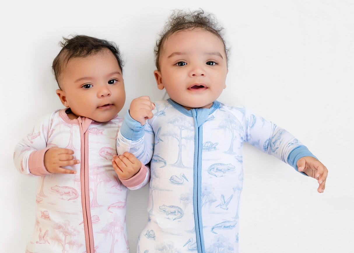 Pearls and Pelicans Bayou Toile Bamboo Zip Up Pajamas | Blue