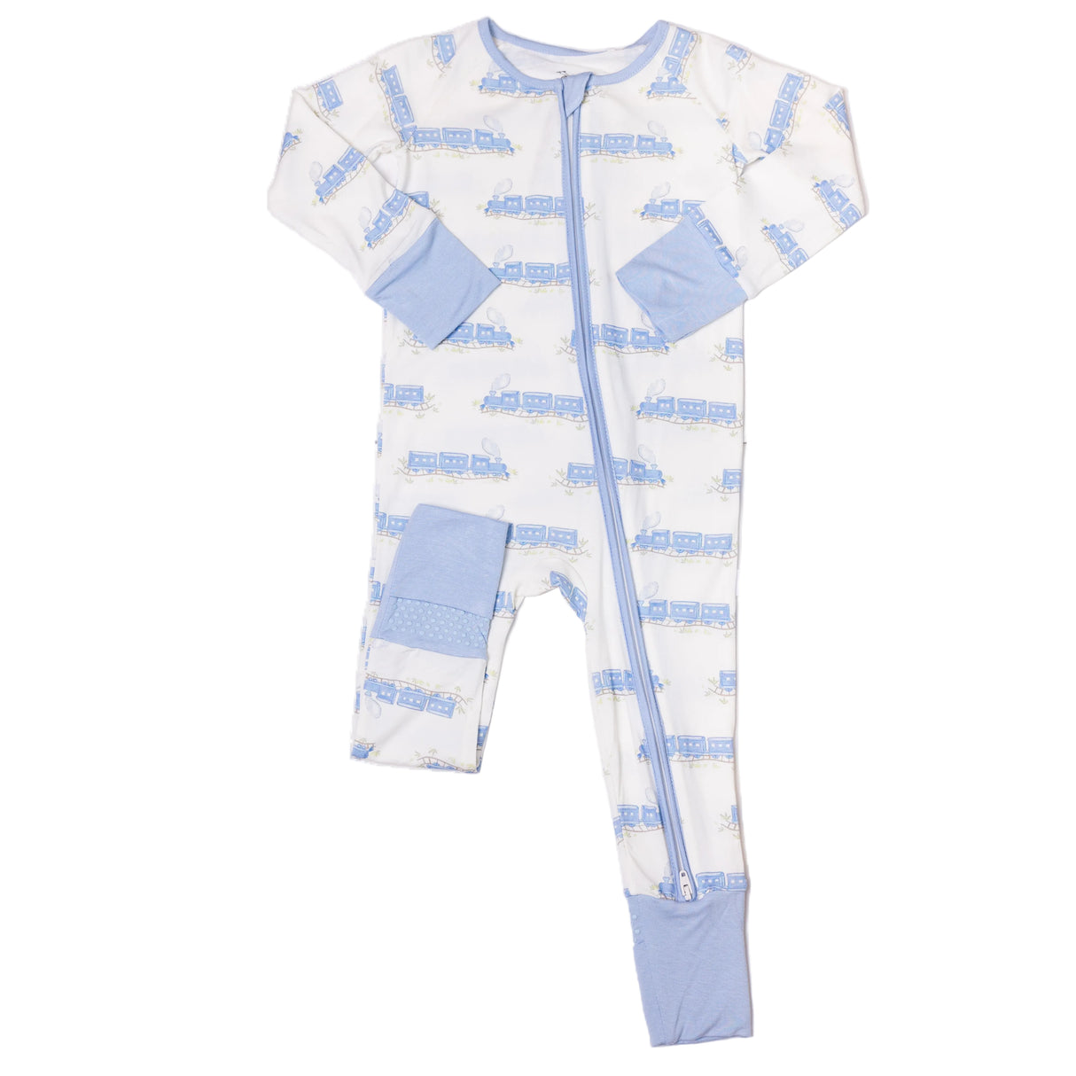 Blue Trains Long Sleeve Bamboo Zipper Romper