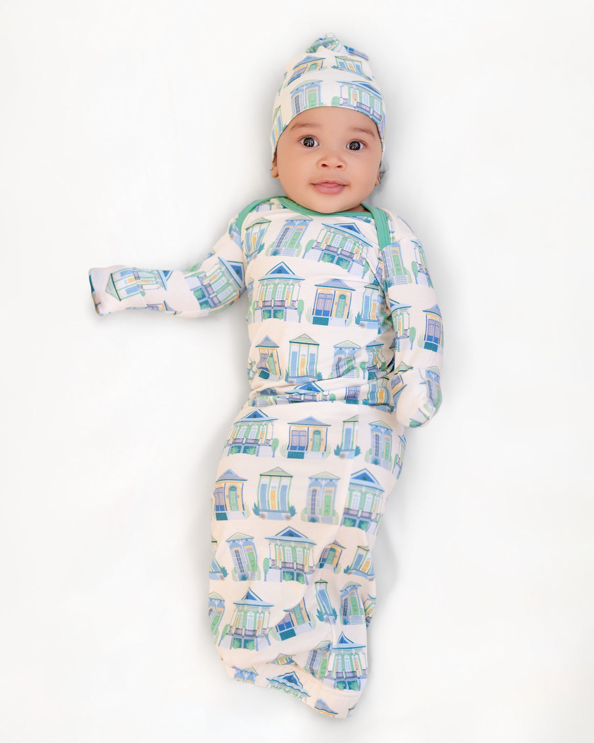 Pearls & Pelicans Home Sweet NOLA Bamboo Sleepie Gown (0-3mo) and Hat Set | Green