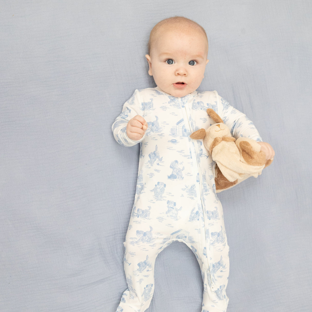 Angel Dear Puppy Toile Blue 2 Way Zipper Footie