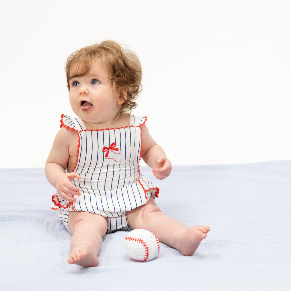 Angel Dear Baseball Stripe Ric Rac Ruffle Sunsuit