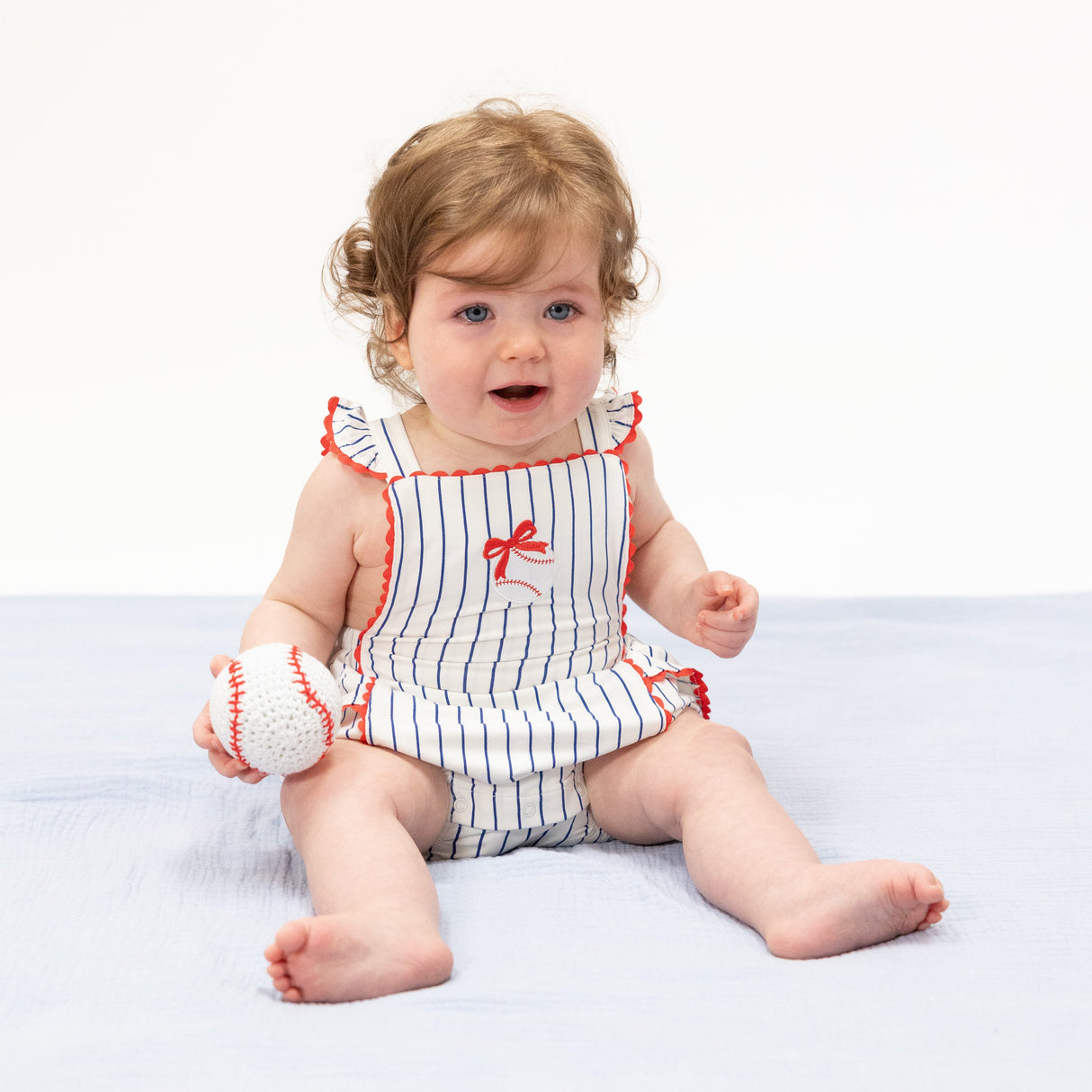 Angel Dear Baseball Stripe Ric Rac Ruffle Sunsuit
