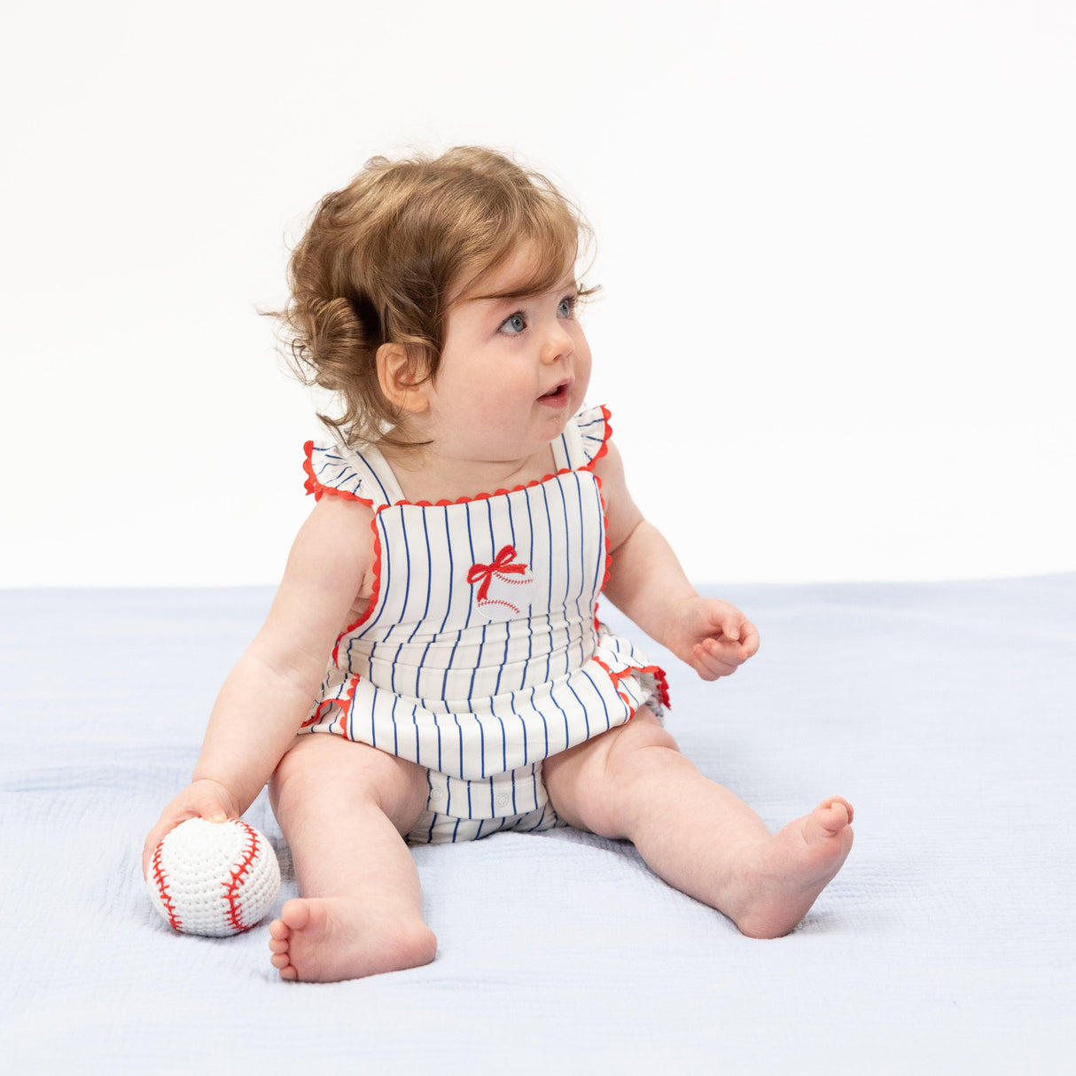 Angel Dear Baseball Stripe Ric Rac Ruffle Sunsuit