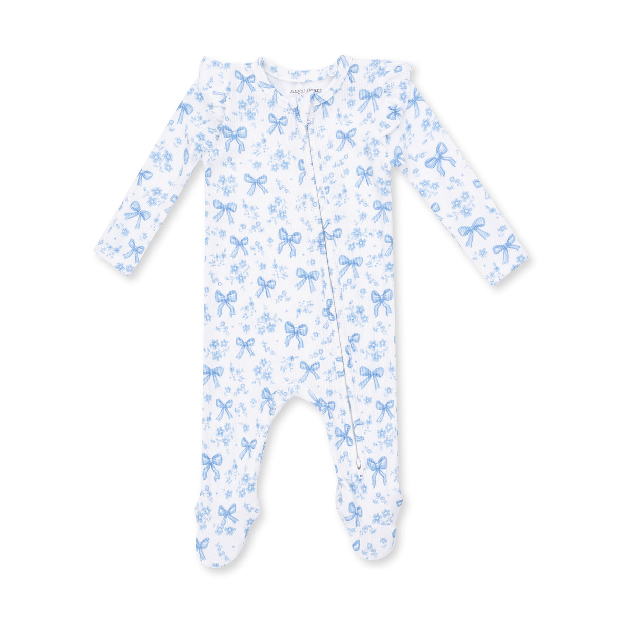 Angel Dear Blue Bows & Flowers Bamboo 2-Way Ruffle Sleeve Zipper Footie