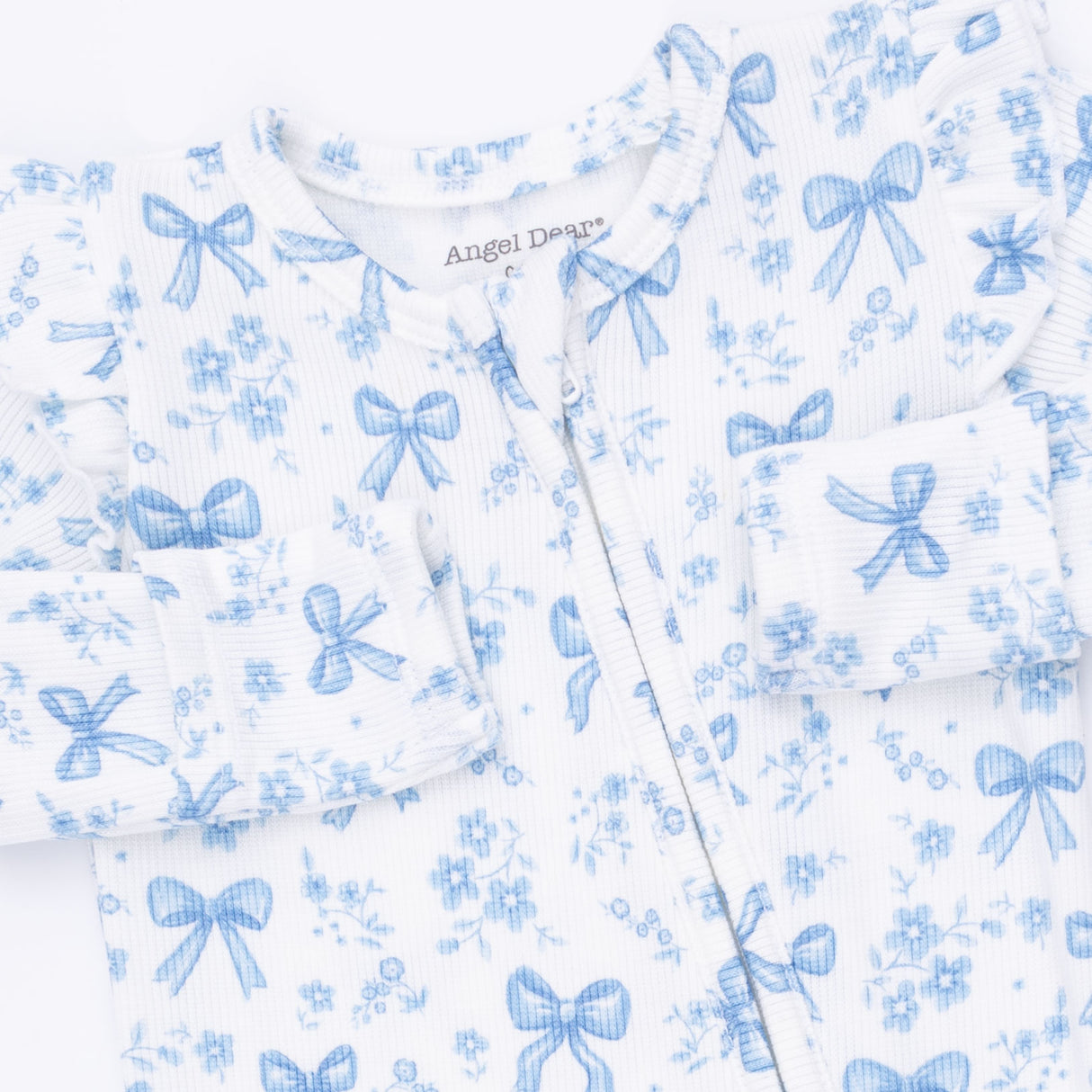 Angel Dear Blue Bows & Flowers Bamboo 2-Way Ruffle Sleeve Zipper Footie
