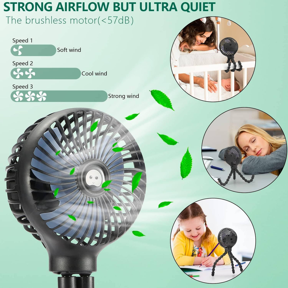 Tech Trendz Portable Rechargable Tripod Stroller Fan | Black