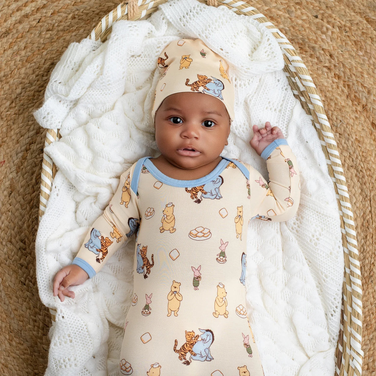Pearl's & Pelicans Pooh's Beignet Adventure Bamboo Gown + Beanie Hat Set (0-3mo)