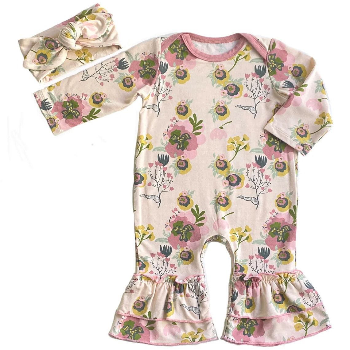 Everly Grey Camellia Ruffle Romper with Headband Set