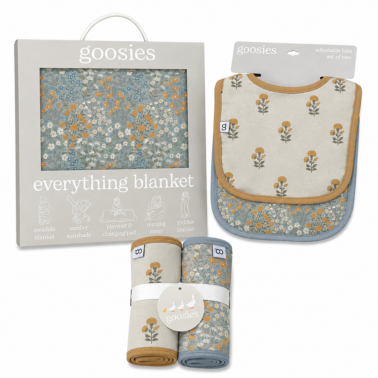 Goosies Marigold Blue Meadow Bamboo Baby Gift Bundle | Burp Cloth Set | Adustable Bib Set | Blue Meadow Everything Blanket