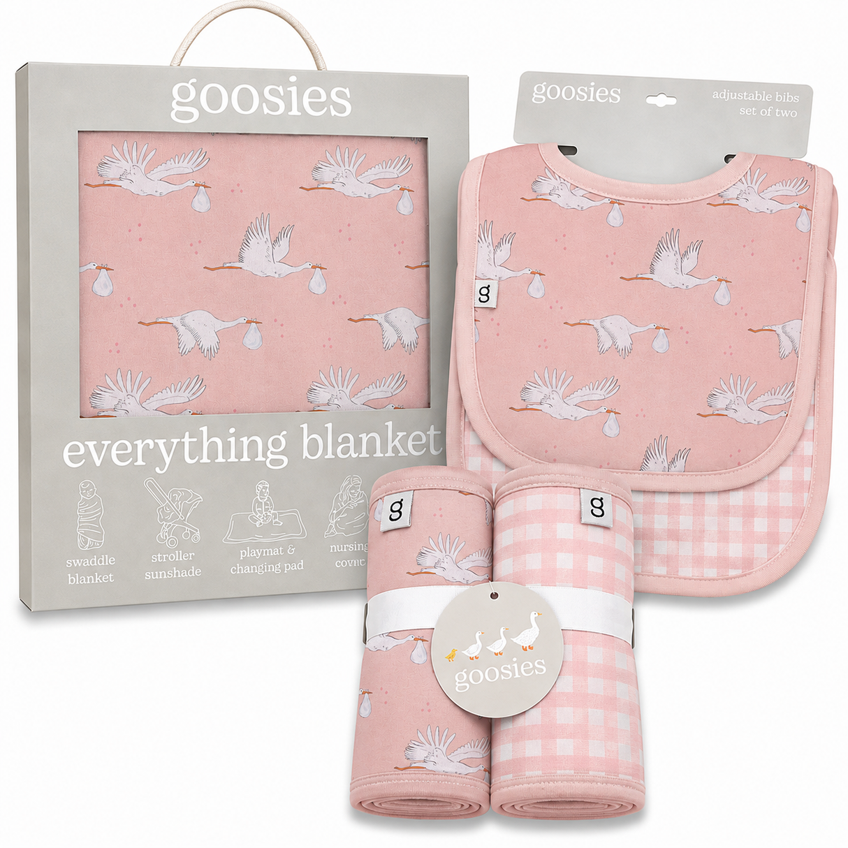 Goosies Pink Stork Gingham Bamboo Baby Gift Bundle | Burp Cloth Set | Adustable Bib Set | Stork Girl Everything Blanket