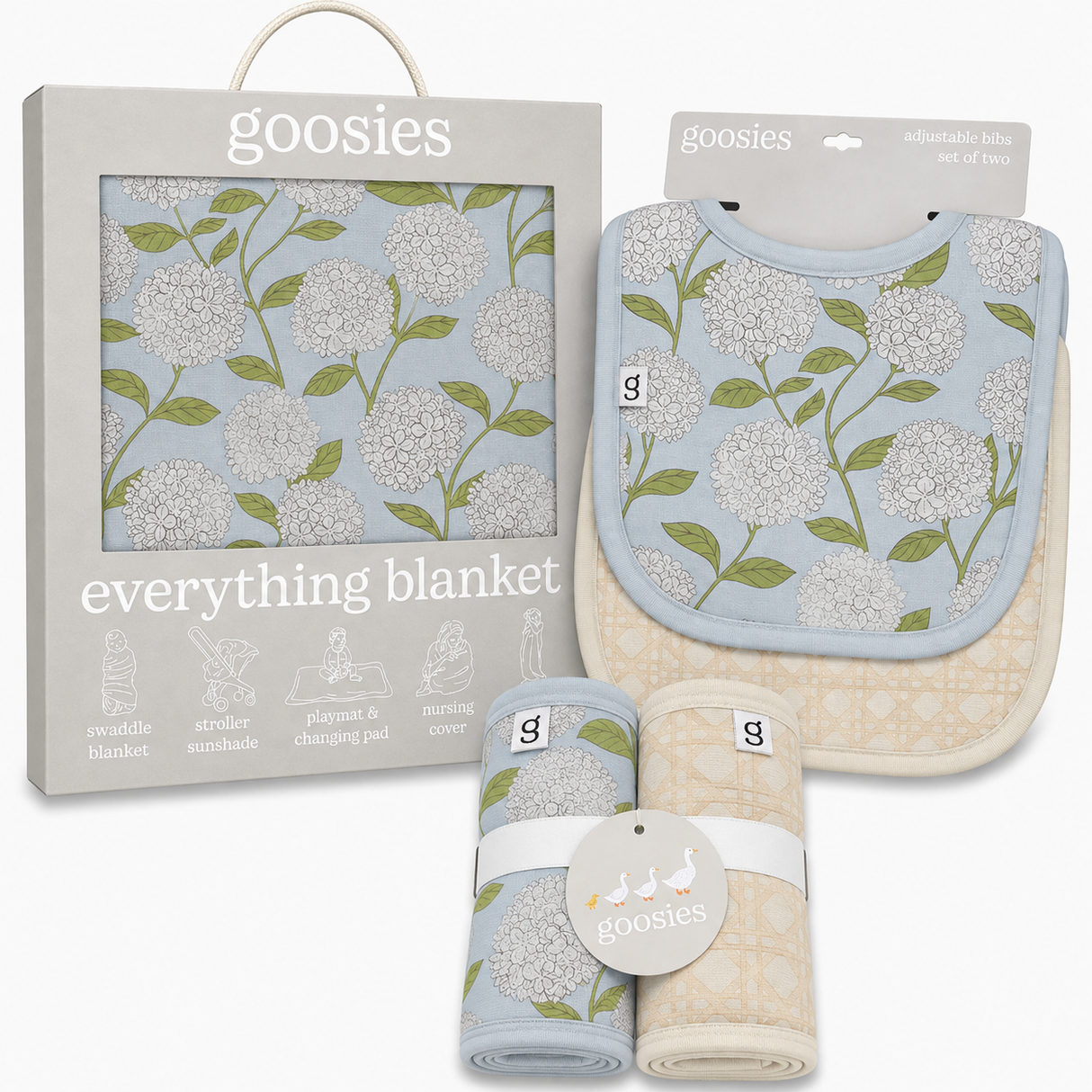 Goosies Hydrangeas Bamboo Baby Bundle | Burp Cloth Set | Bib Set | Everything Blanket