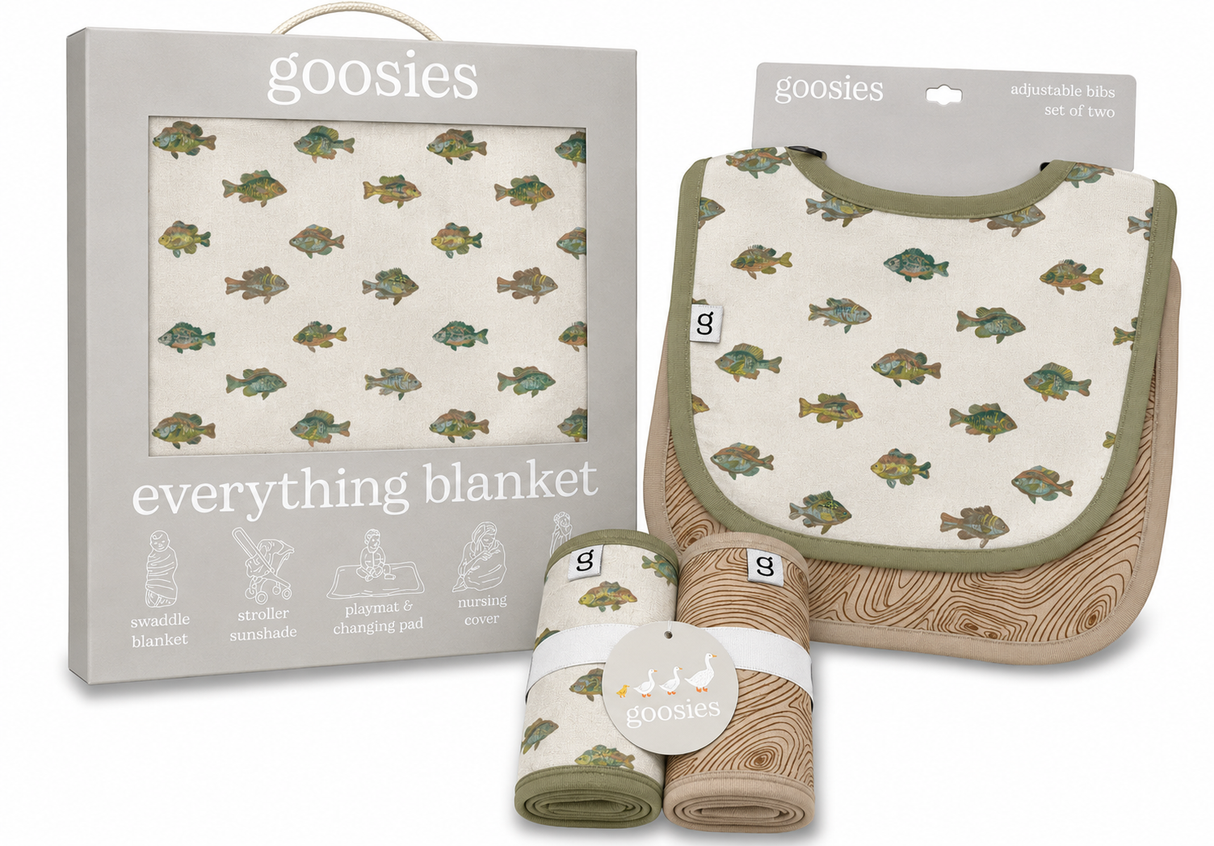 Goosies Lake Fish Bamboo Baby Bundle | Burp Cloth Set | Bib Set | Everything Blanket