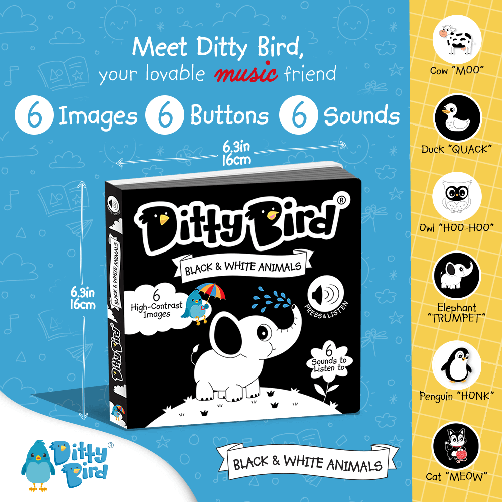 Black & White Animals Ditty Bird Musical Board Book | USB-C Rechargeable