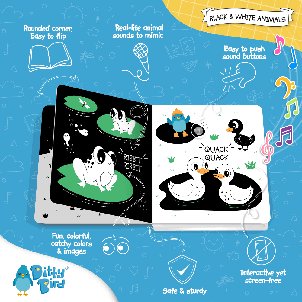 Black & White Animals Ditty Bird Musical Board Book | USB-C Rechargeable