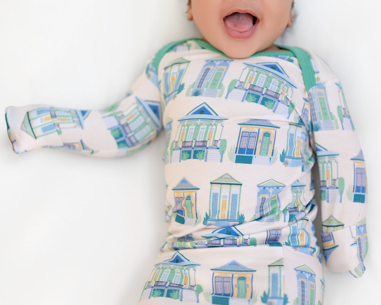 Pearls & Pelicans Home Sweet NOLA Bamboo Sleepie Gown (0-3mo) and Hat Set | Green