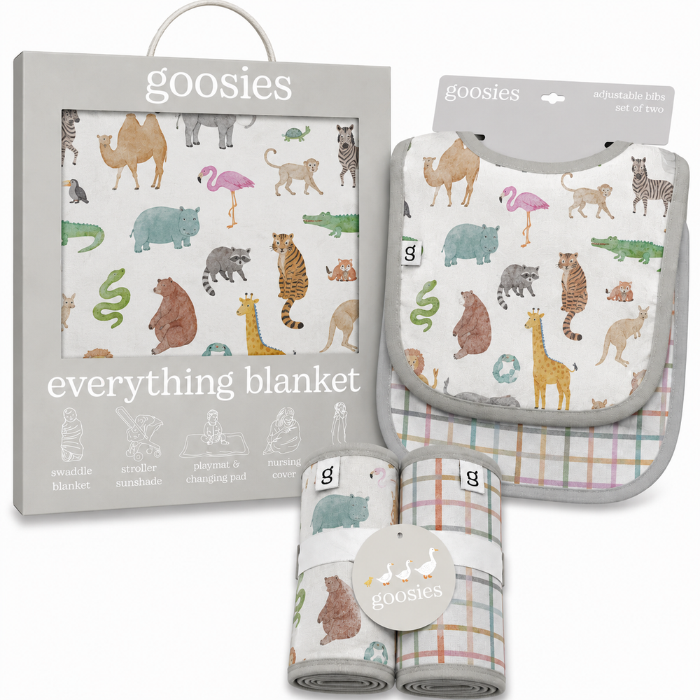 Goosies Zoo Crew Bamboo Baby Gift Bundle | Burp Cloth Set | Adjustable Bib Set | Everything Blanket