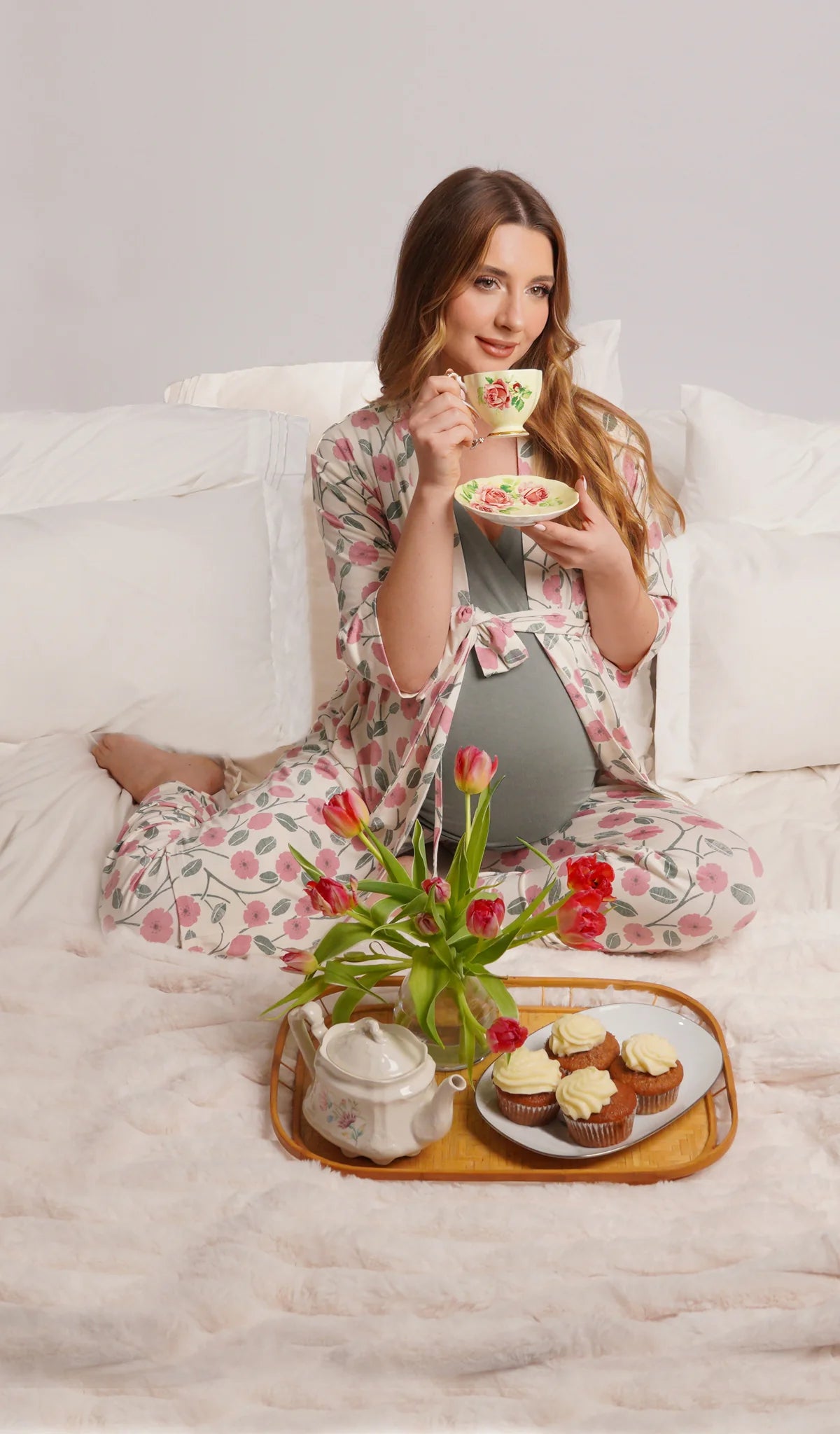 Everly Grey Honey Bloom Anelise 5-Piece Mom and Baby Matching Gift Set | Adult Pajama Set Newborn Gown and Hat Set