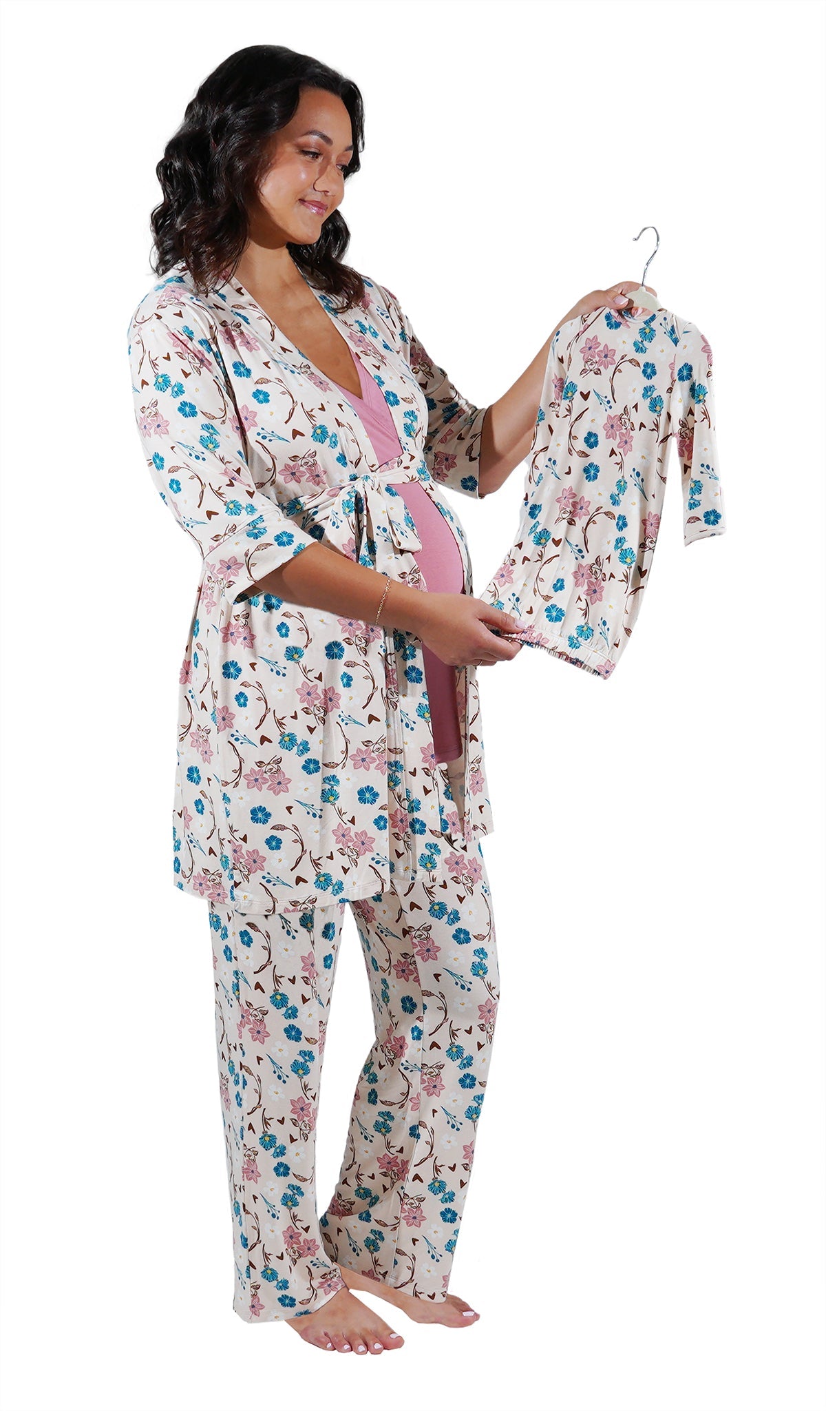 Magnolia Anelise 5-Piece Mom and Baby Matching Gift Set | Adult Pajama Set Newborn Gown and Hat Set