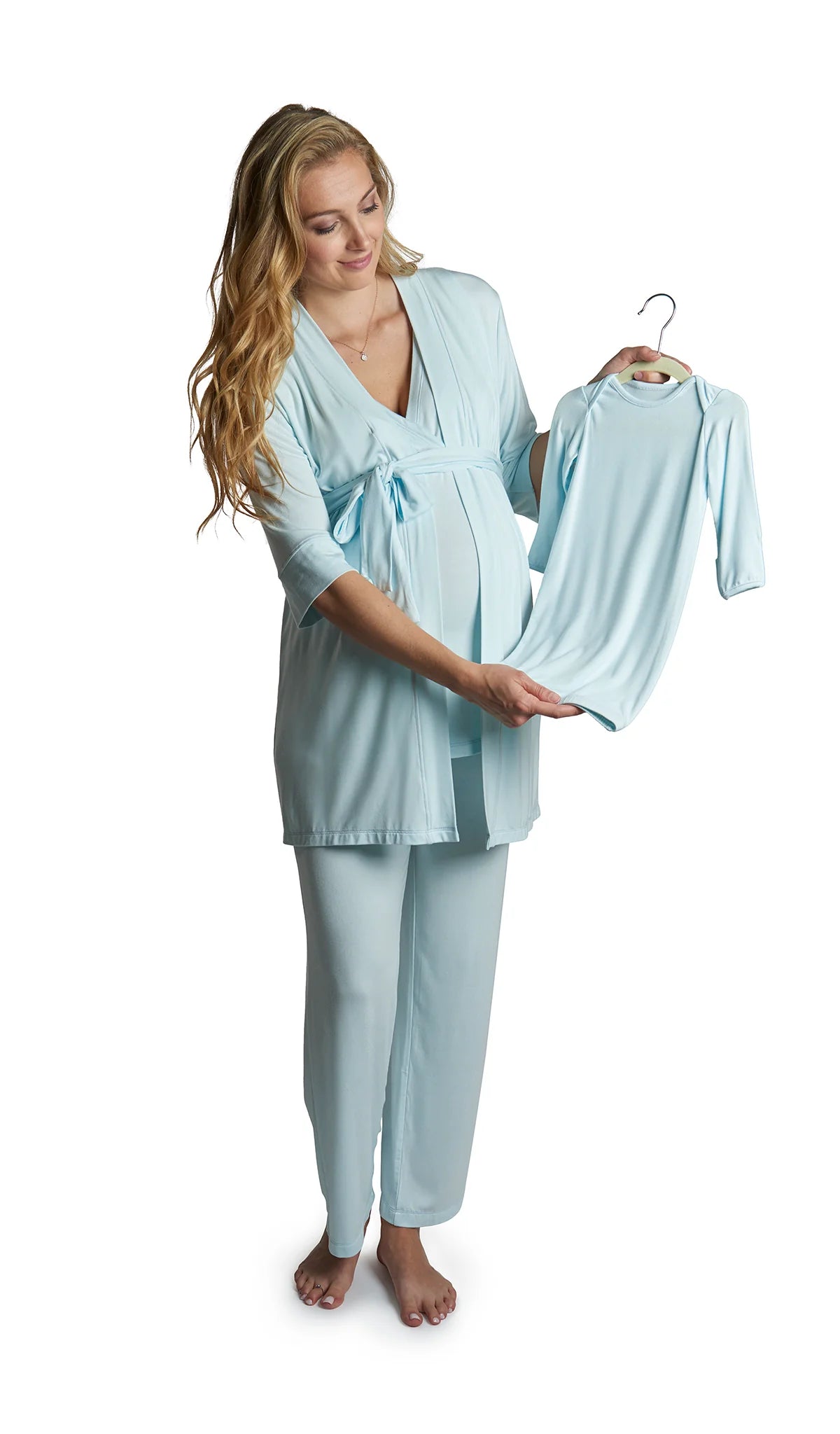 Everly Grey Whispering Blue Anelise 5-Piece Mom and Baby Matching Gift Set | Adult Pajama Set Newborn Gown and Hat Set
