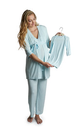 Everly Grey Whispering Blue Anelise 5-Piece Mom and Baby Matching Gift Set | Adult Pajama Set Newborn Gown and Hat Set