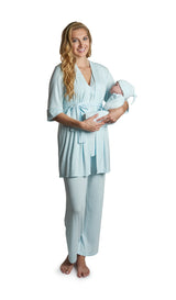 Everly Grey Whispering Blue Anelise 5-Piece Mom and Baby Matching Gift Set | Adult Pajama Set Newborn Gown and Hat Set