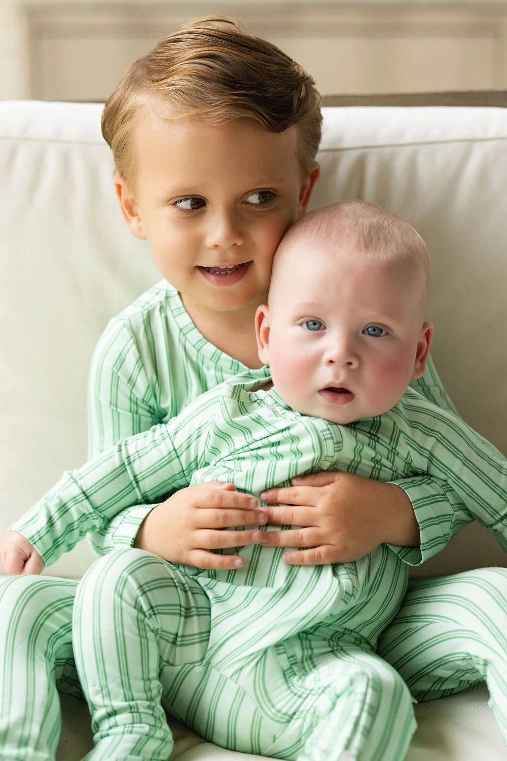 Uptown Baby Green Ticking Stripe Long Sleeve Bamboo Zipper Romper
