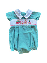 Lulu Babe Blake Christmas Train Smock Green Plaid Bubble